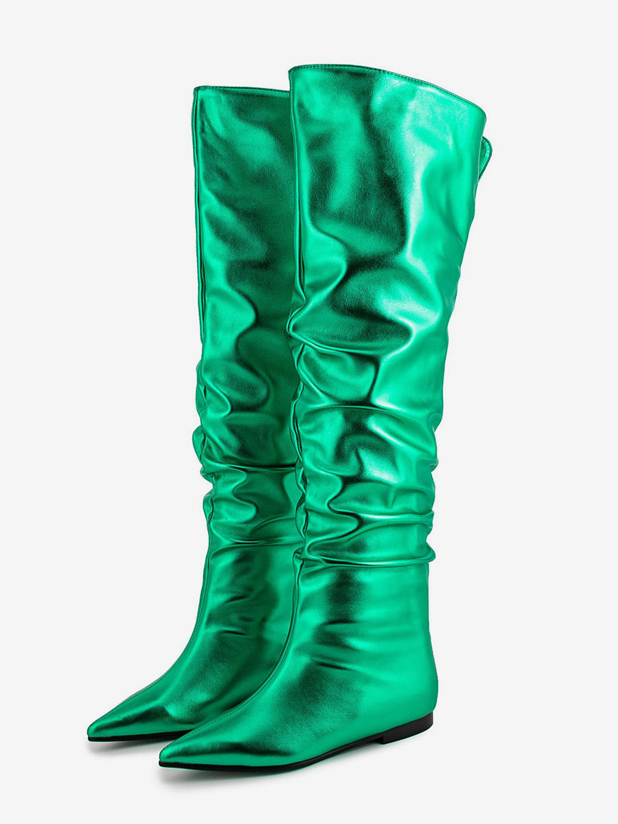 Gold Pointed-Toe Metallic Knee-High Boots — view 9