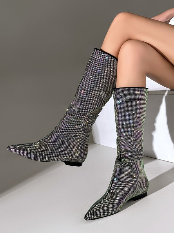 Black Pointed-Toe Embellished Mid-Calf Boots — view 6
