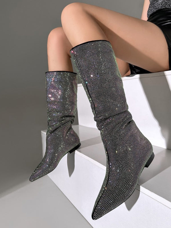 Black Pointed-Toe Embellished Mid-Calf Boots — view 3