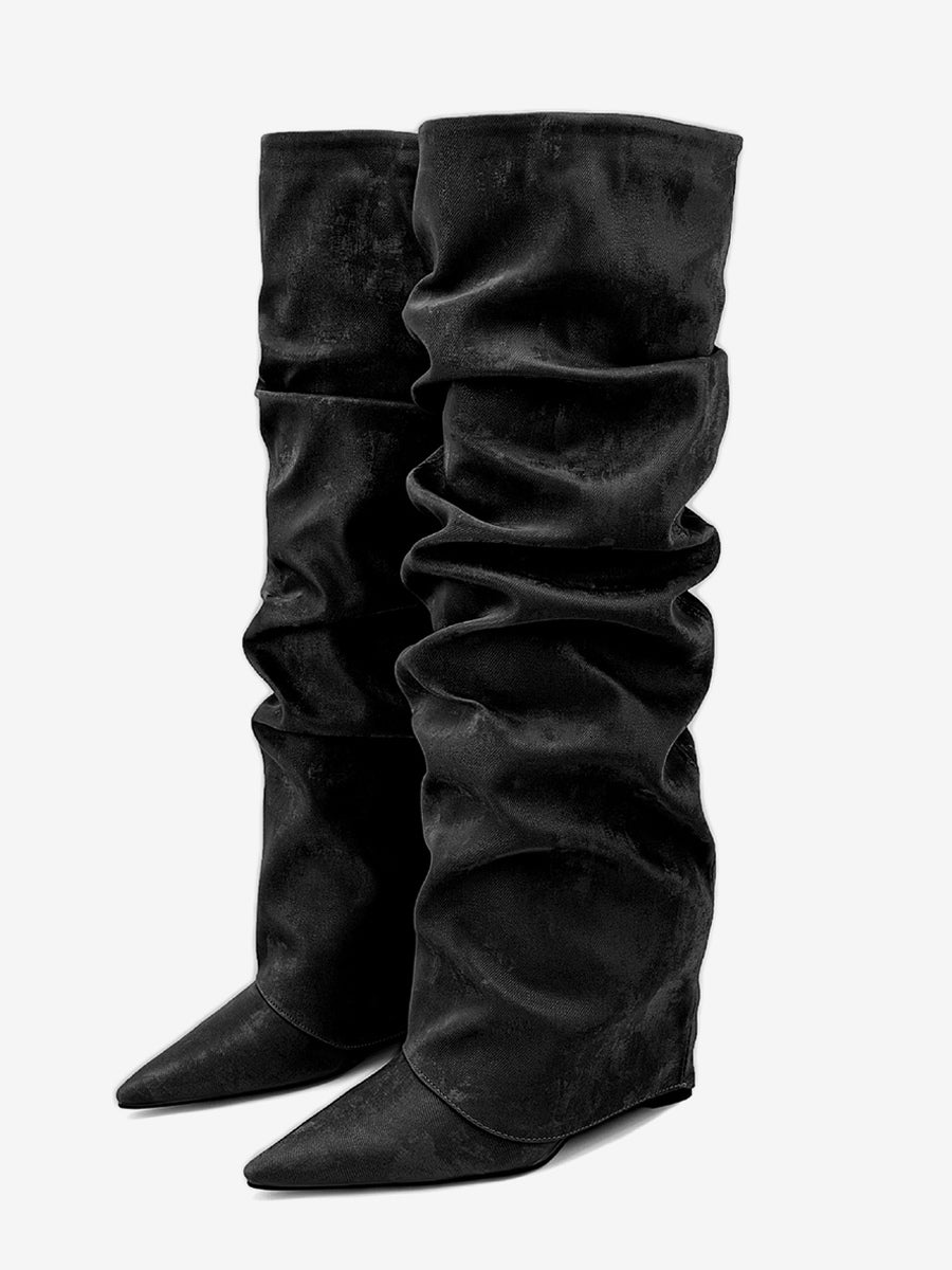 brown pointed toe suede effect foldover knee high boots — view 4