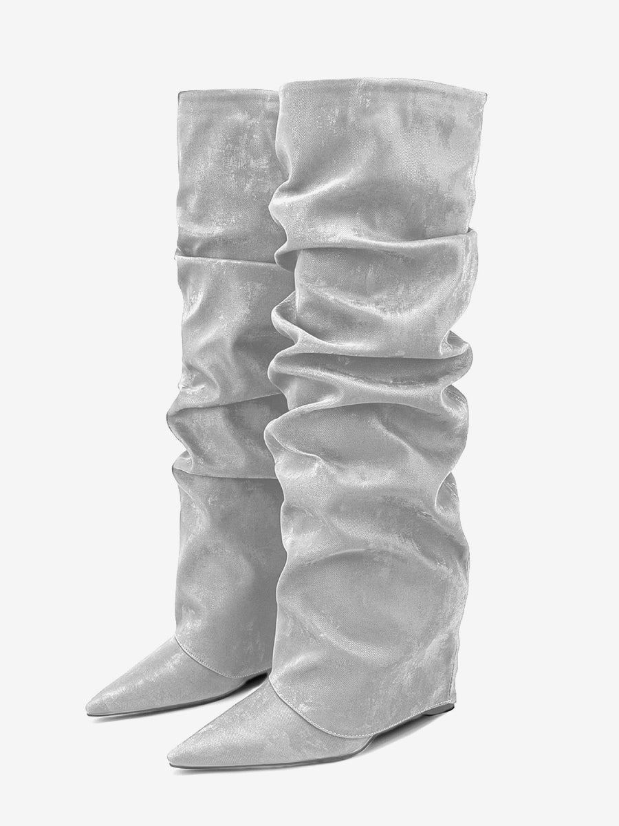 Brown Pointed-Toe Suede-Effect Foldover Knee-High Boots — view 3