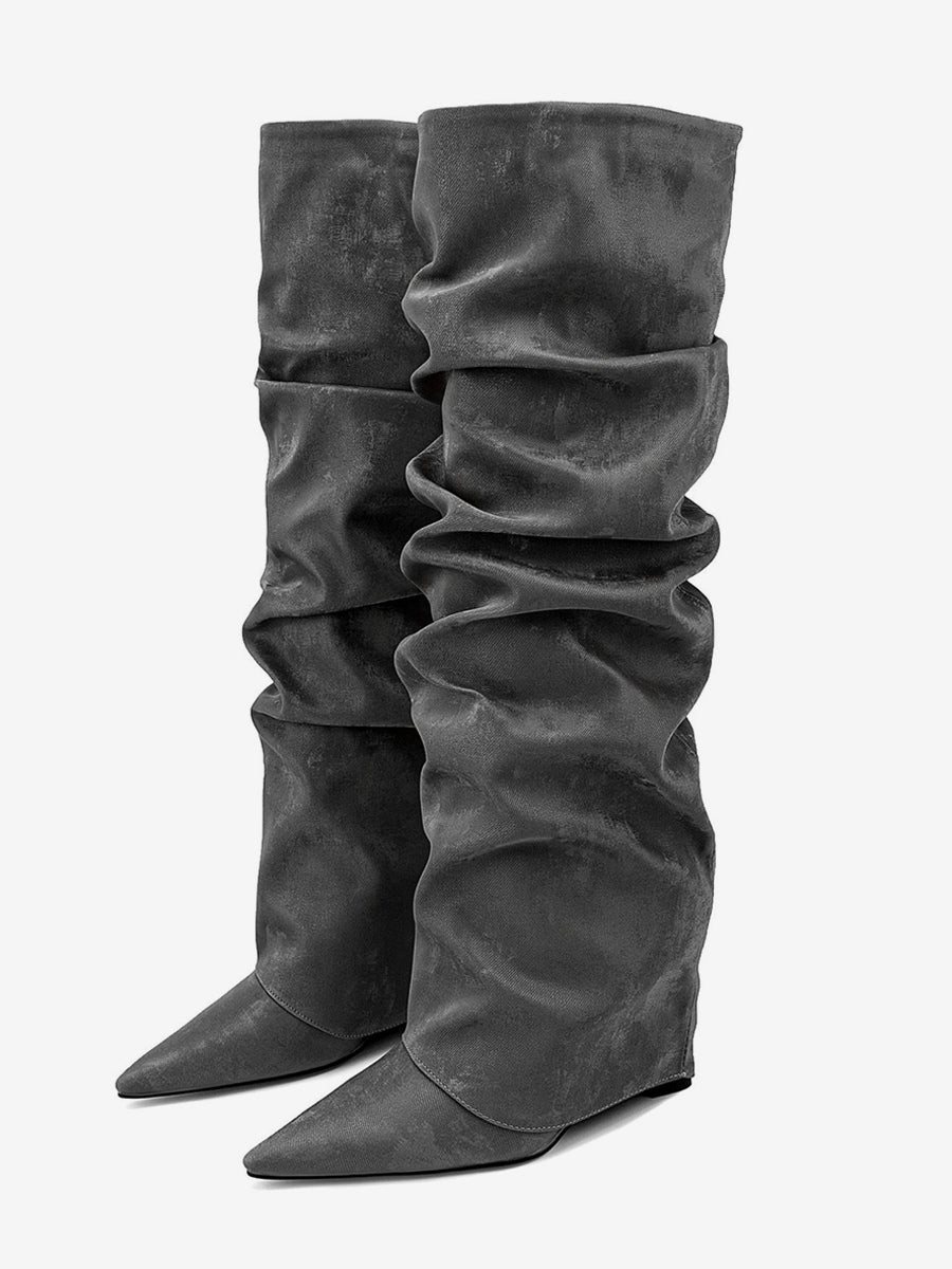 brown pointed toe suede effect foldover knee high boots — view 2