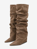 Brown Pointed-Toe Suede-Effect Foldover Knee-High Boots — view 1