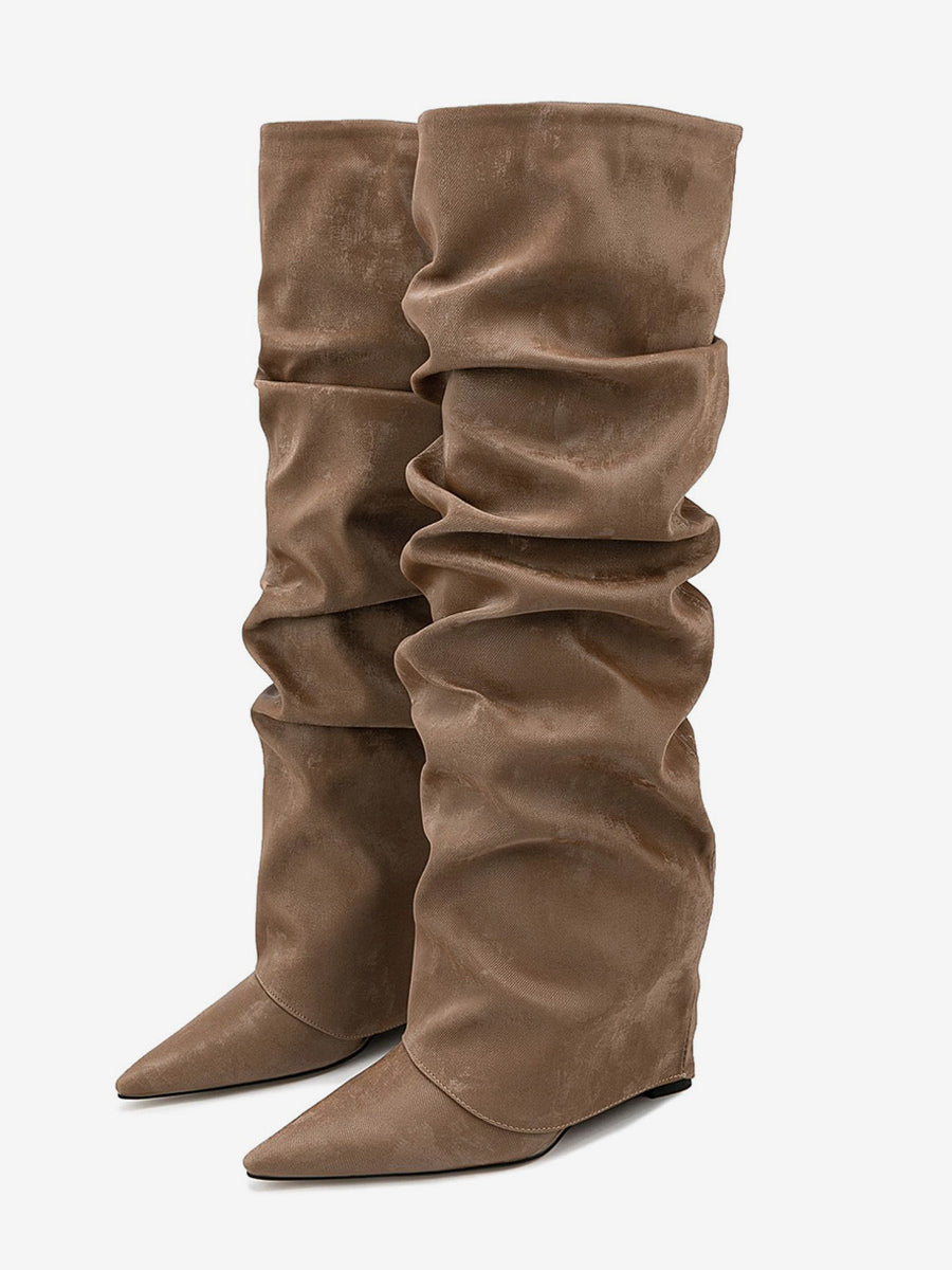 Brown Pointed-Toe Suede-Effect Foldover Knee-High Boots — view 1