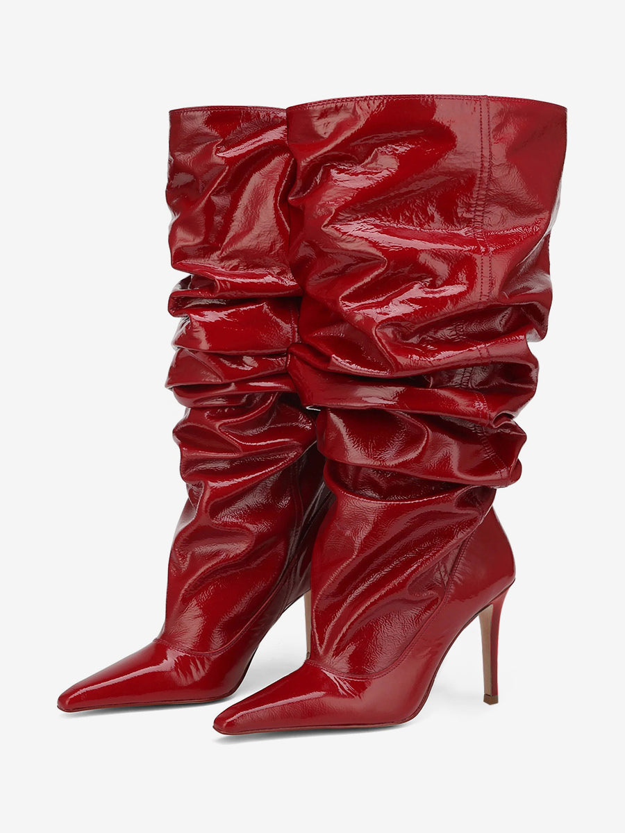 red pointed toe stiletto mid calf boots — view 2