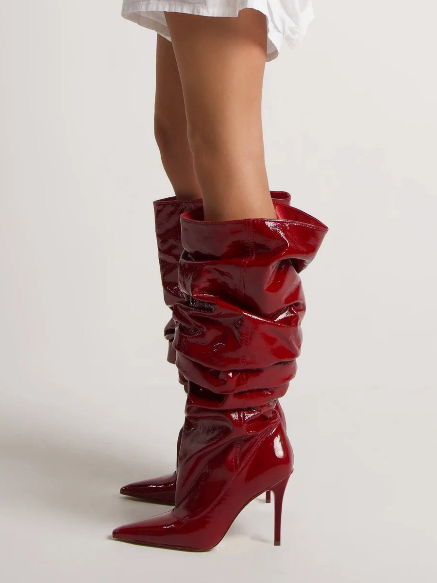 red pointed toe stiletto mid calf boots — view 5