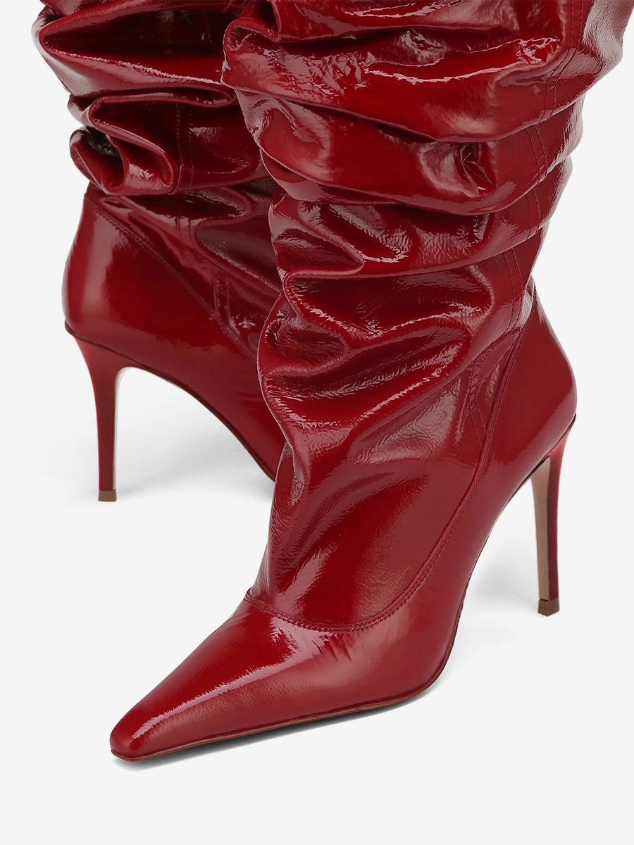 red pointed toe stiletto mid calf boots — view 4