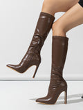 brown pointed toe stiletto mid calf boots — view 1