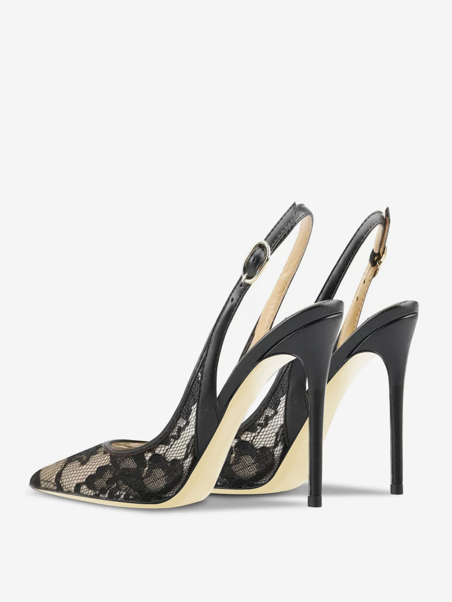 black pointed toe slingback lace court shoes — view 7