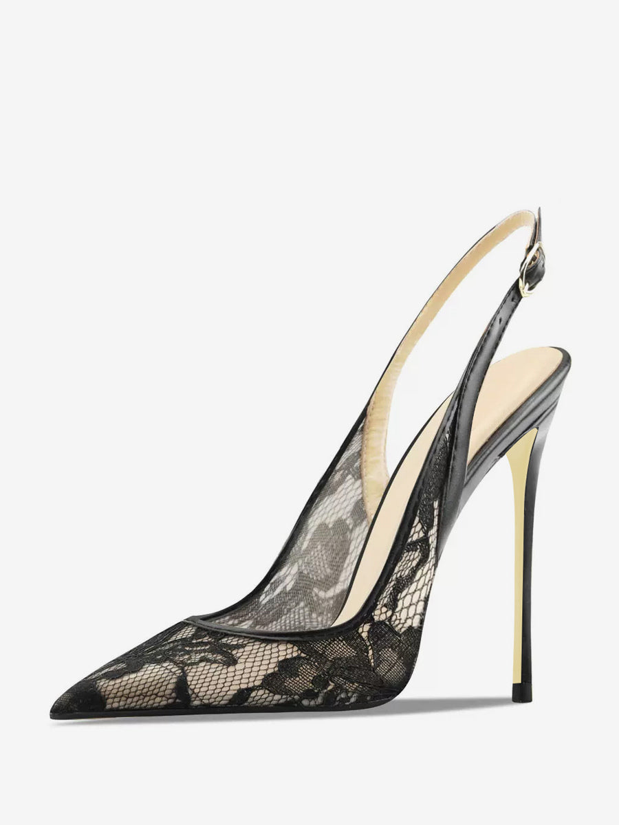 black pointed toe slingback lace court shoes — view 6