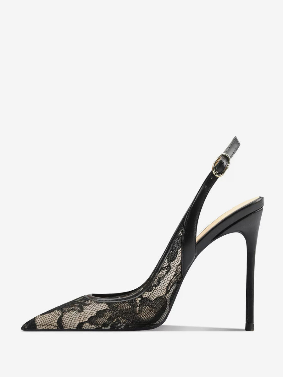 black pointed toe slingback lace court shoes — view 5