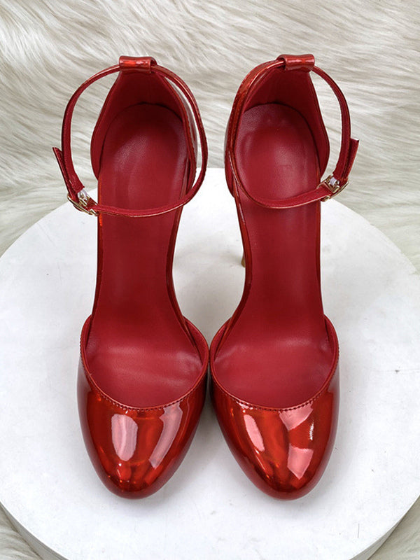 Red Round-Toe Ankle-Strap Stiletto Court Shoes — view 3