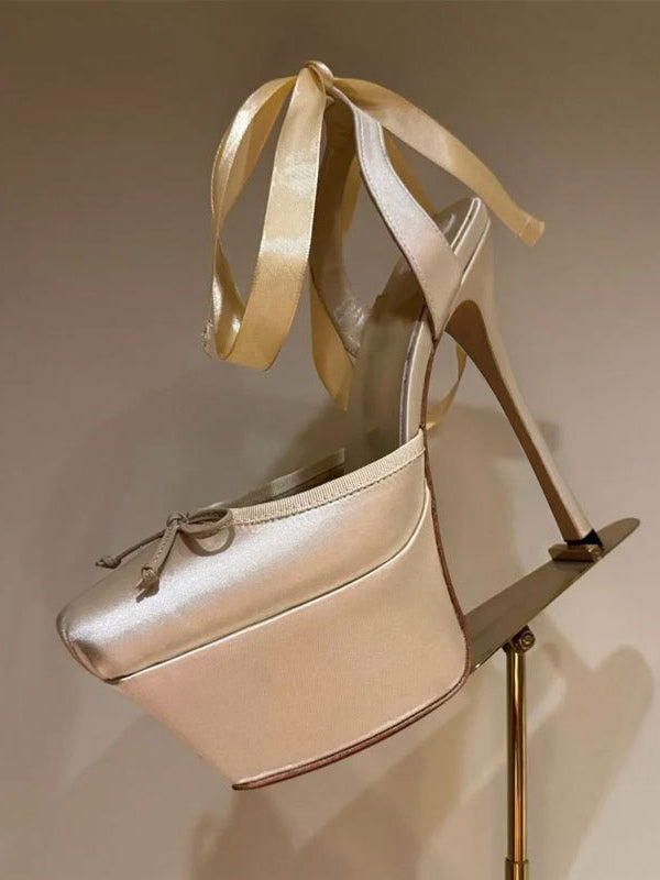 apricot platform lace up satin heels — view 2
