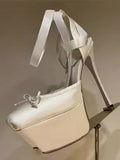 apricot platform lace up satin heels — view 3