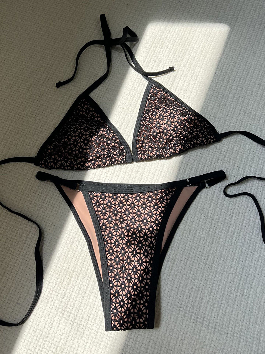 black halter neck lace two piece set — view 4
