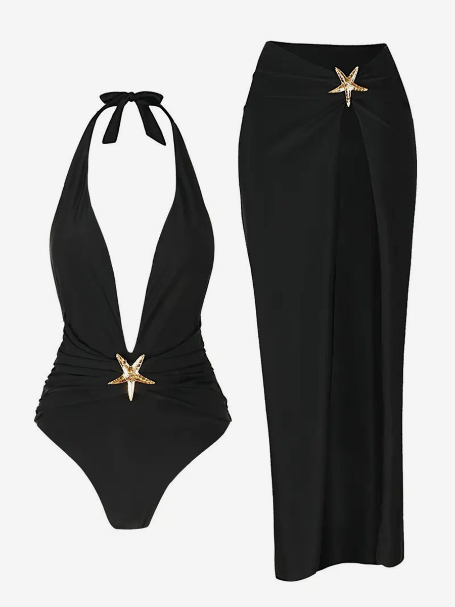 red v neck side split maxi swimsuit — view 3