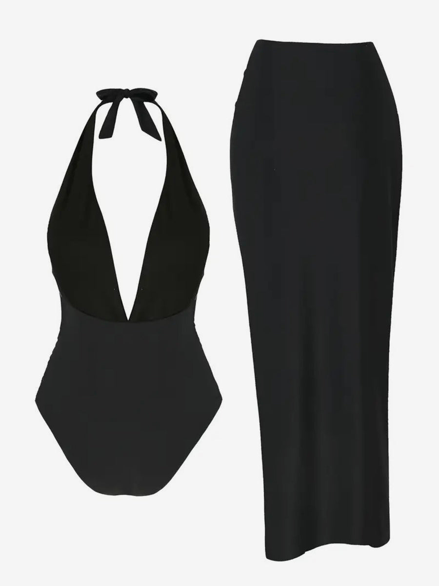 red v neck side split maxi swimsuit — view 4
