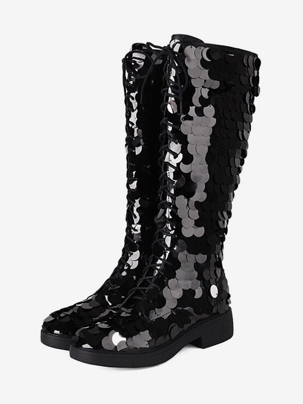 Gold Round-Toe Lace-Up Sequin Knee-High Boots — view 10