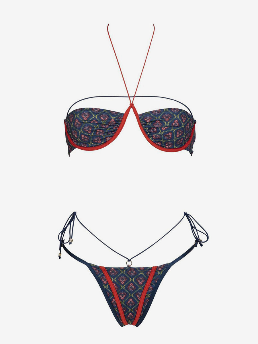 navy halter neck floral bikini set — view 4