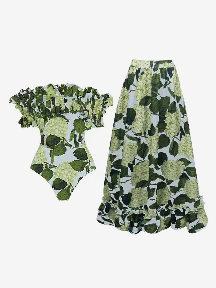 green ruffle floral longline swimsuit — view 7