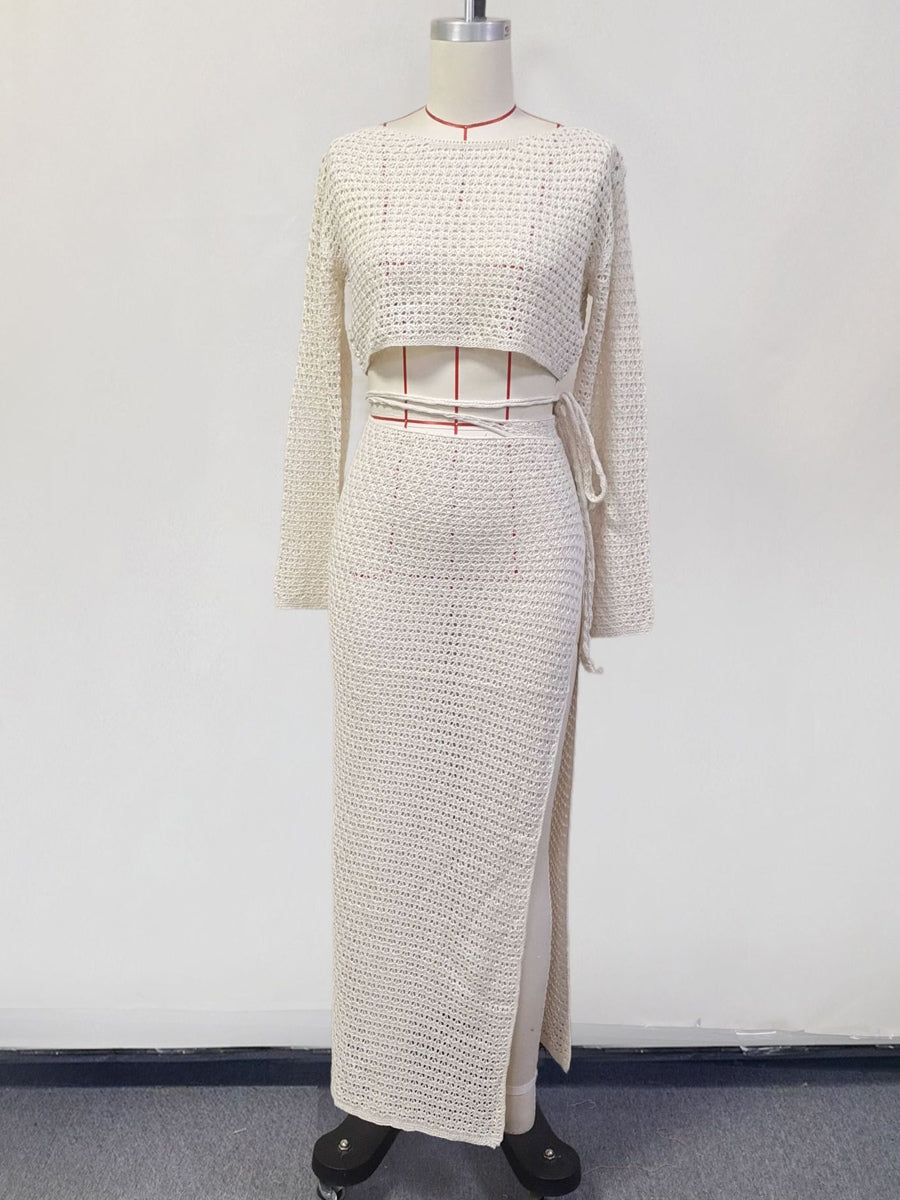 ivory long sleeve side split two piece set — view 6