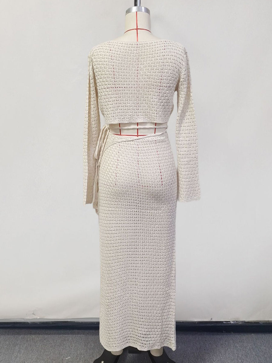 ivory long sleeve side split two piece set — view 7