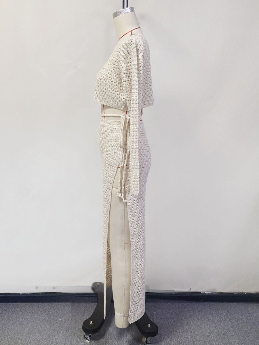 ivory long sleeve side split two piece set — view 8
