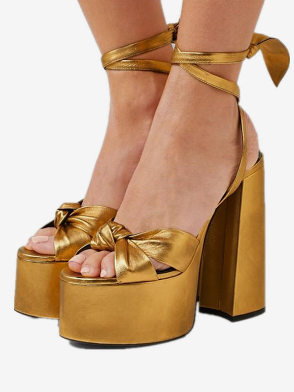 Gold Platform Block Heel Lace-Up Sandals — view 4