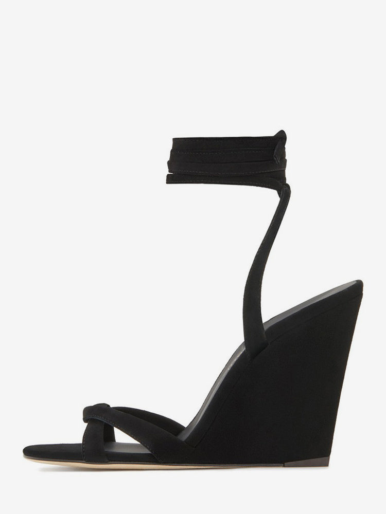Golden Open-Toe Lace-Up Suede-Effect Wedge Sandals — view 5
