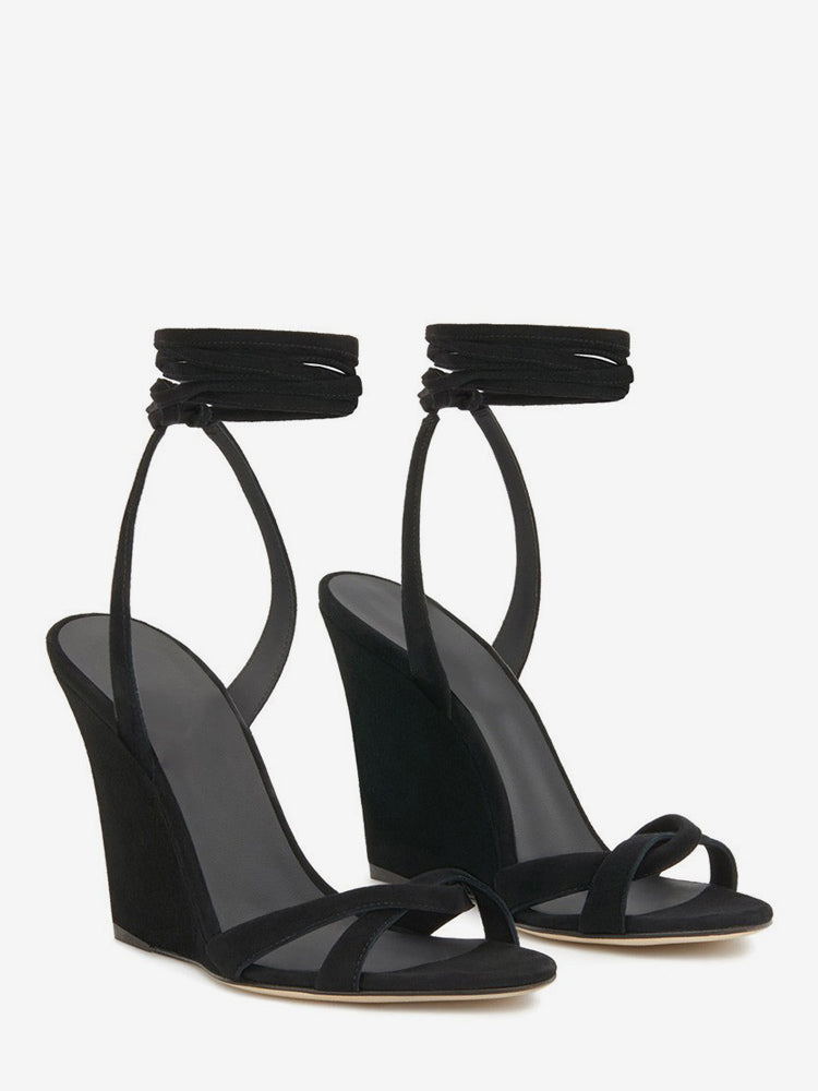 golden open toe lace up suede effect wedge sandals — view 6