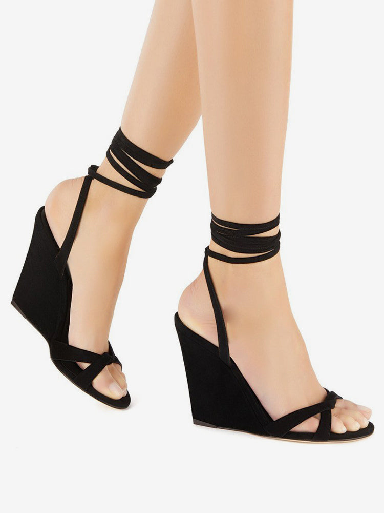 Golden Open-Toe Lace-Up Suede-Effect Wedge Sandals — view 8