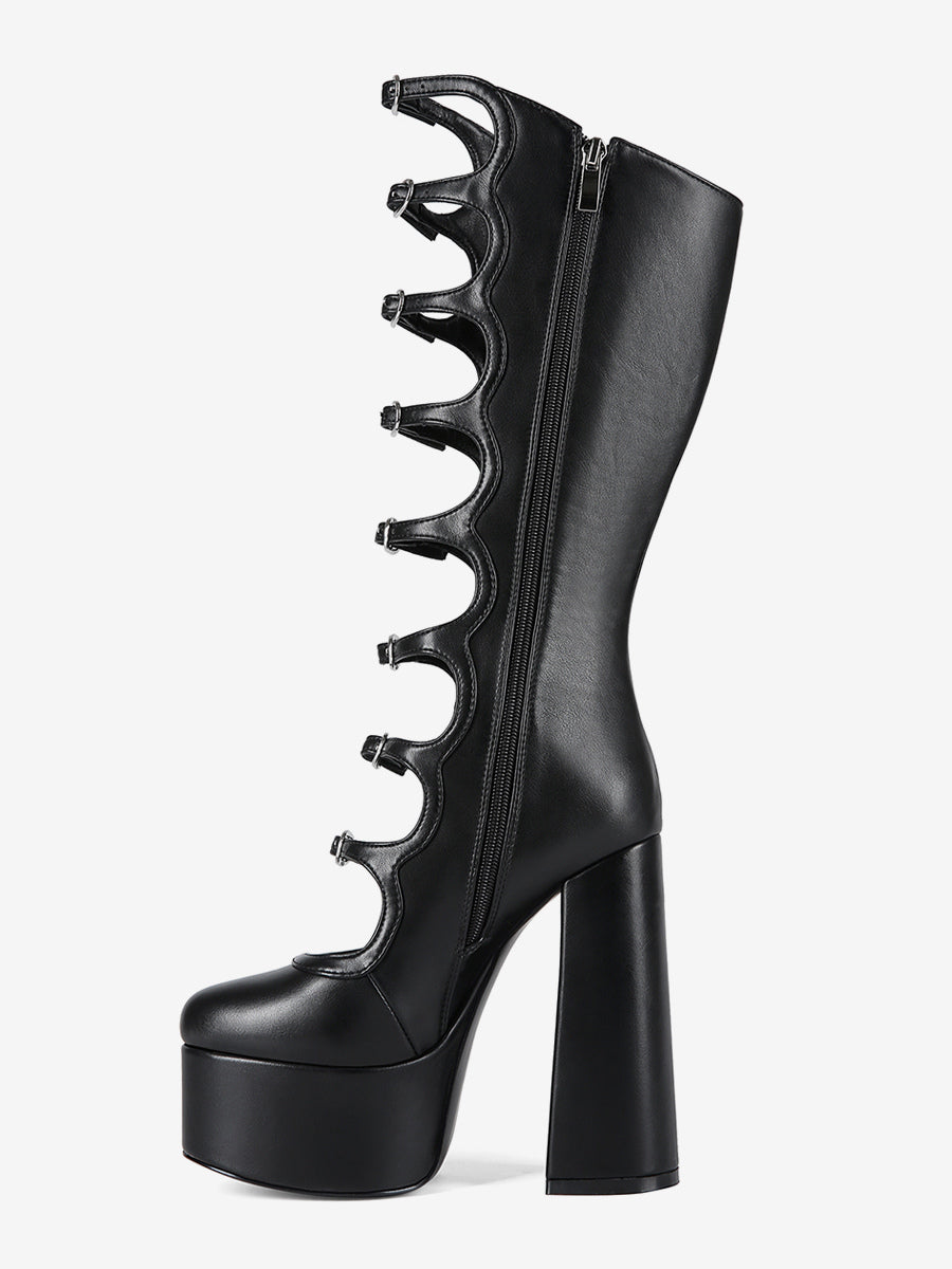 pink round toe platform block heel knee high boots — view 4
