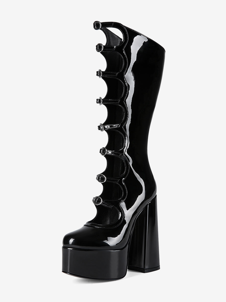 pink round toe platform block heel knee high boots — view 2