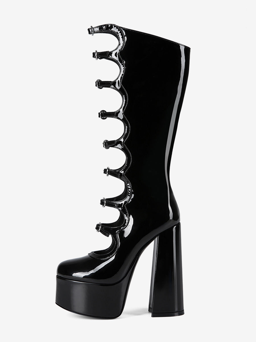 Pink Round-Toe Platform Block Heel Knee-High Boots — view 3