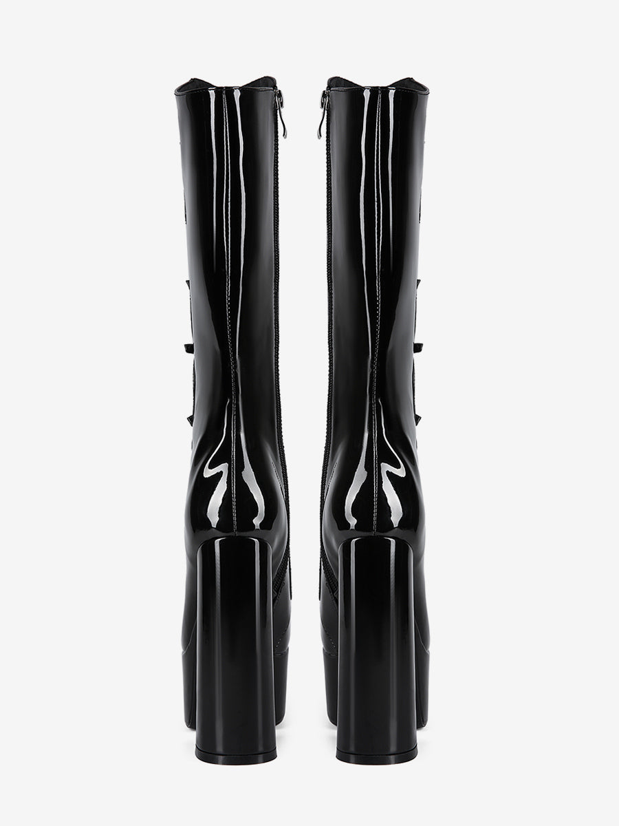 pink round toe platform block heel knee high boots — view 6