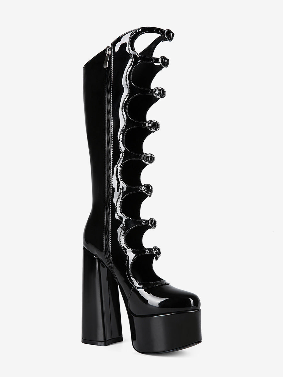 Pink Round-Toe Platform Block Heel Knee-High Boots — view 7