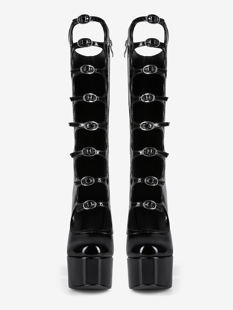 pink round toe platform block heel knee high boots — view 8