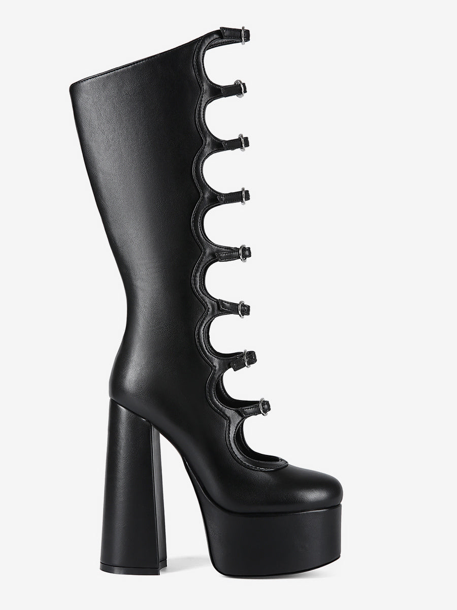 pink round toe platform block heel knee high boots — view 9