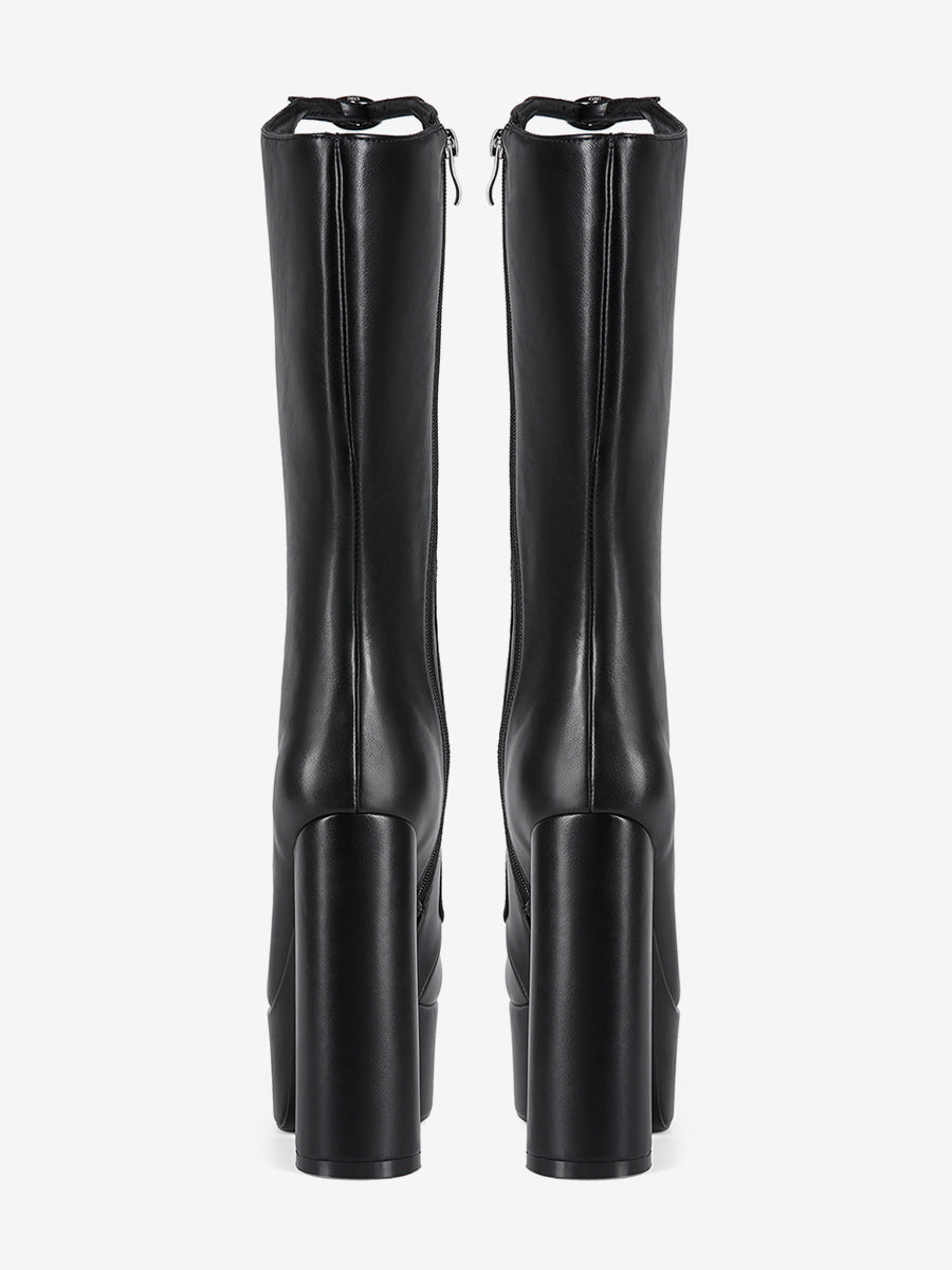 pink round toe platform block heel knee high boots — view 10