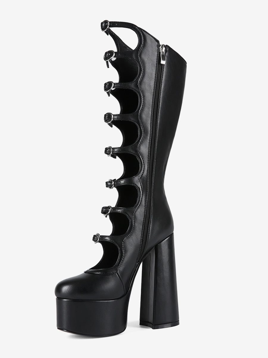 pink round toe platform block heel knee high boots — view 11