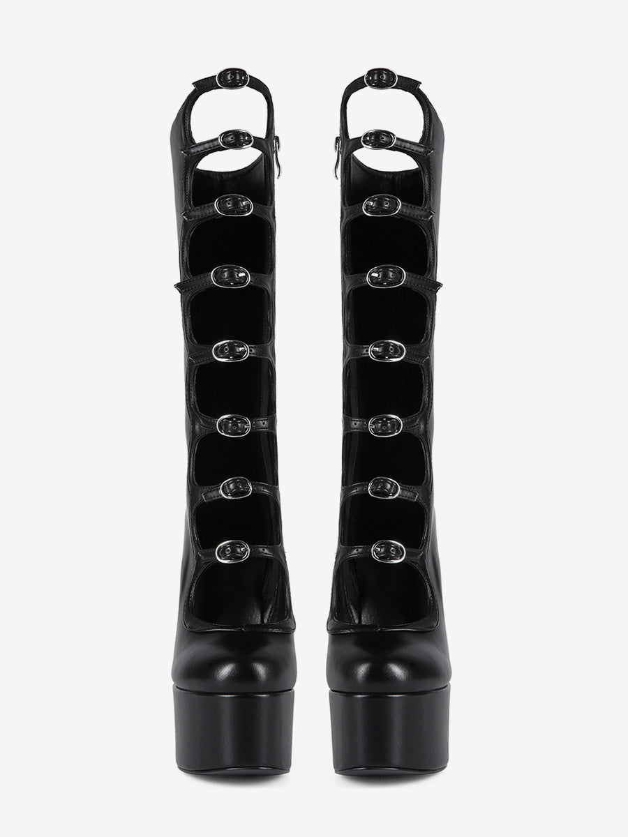 Pink Round-Toe Platform Block Heel Knee-High Boots — view 5