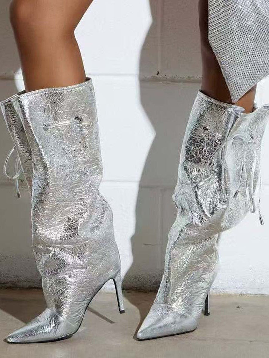 Gold Pointed-Toe Lace-Up Boots — view 1