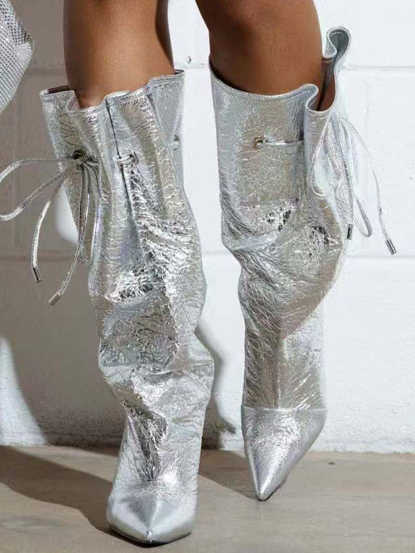 Gold Pointed-Toe Lace-Up Boots — view 2