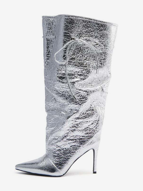 Gold Pointed-Toe Lace-Up Boots — view 4