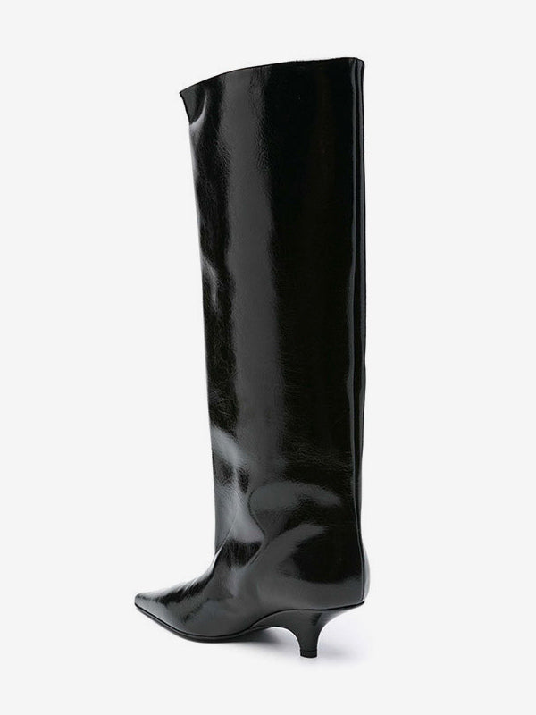 Brown Pointed-Toe Kitten Heel Knee-High Boots — view 2