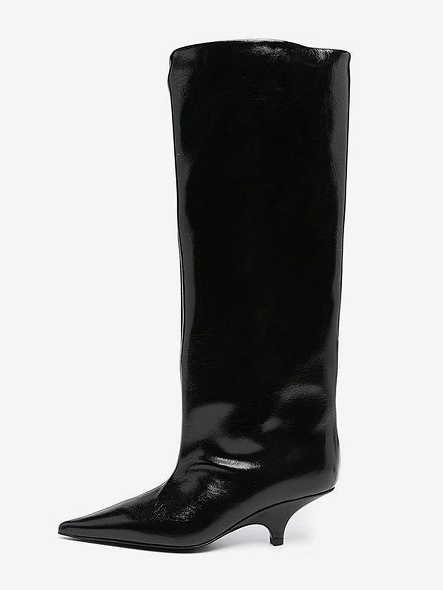 Brown Pointed-Toe Kitten Heel Knee-High Boots — view 1