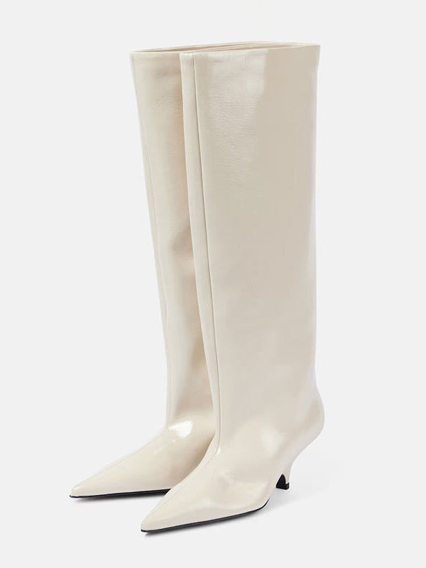 Brown Pointed-Toe Kitten Heel Knee-High Boots — view 6