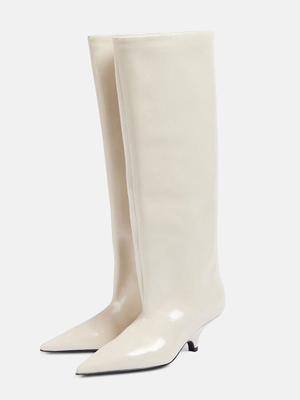 Brown Pointed-Toe Kitten Heel Knee-High Boots — view 5