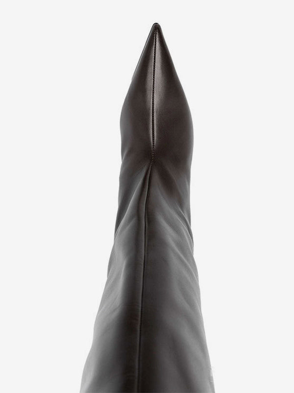 Brown Pointed-Toe Kitten Heel Knee-High Boots — view 4