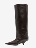 Brown Pointed-Toe Kitten Heel Knee-High Boots — view 3